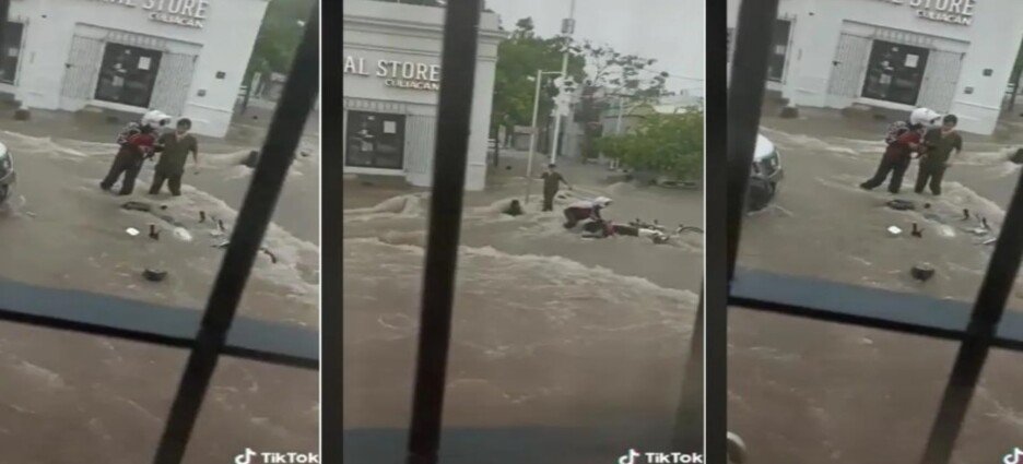 Rescatan a motociclista de ser arrastrado por las lluvias